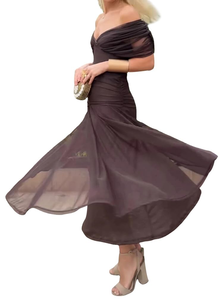 Minetom Robe de Soirée Femme Elegante Col en V Manche Courte Robes de Cocktail Cérémonie Mariage Longue