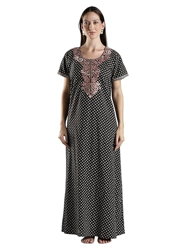 Image of 9shines Label Stylish Pure Cotton Nighty Maxi for Women | Embroidery Neckline Nightgown | A-Line Nightdress with Pocket | Floral Night Gown| Soft Comfortable Cotton Sleepwear (Cotton Yoke)