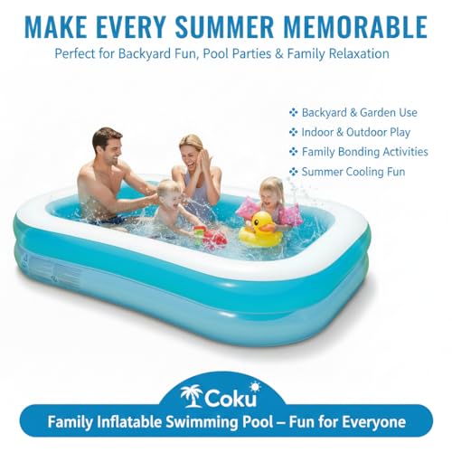 Image of Coku Family Inflatable Swimming Pool for Kids & Adults | 3-Ring Rectangular Extra Large Pool, Thick PVC Foldable Bathtub, 8.5 x 5.75 Feet for Backyard, Garden, Indoor Outdoor Summer Use