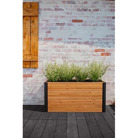 Vita Mezza 16 inch x 39 inch x 19 inch Small Cedar Wood Parklette Planter with Black Aluminum Posts, Golden Brown, FSC, Woodgrain, Pre-Stained, VT17715 Cover