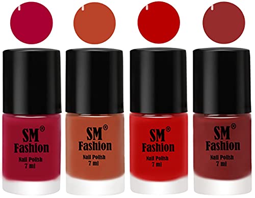Image of Nail Polish Combo Set (Pack of 4) Quick Dry Gel Finish Nail Paint | Dark Magenta,Light Coral,Red,Jam | 7 ml Each
