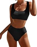 DaiLiWei High Waisted for Women Ribbed 2 Piece Bathing Suit Modest Full Coverage Bikini Sets Sporty Cute Swim Suits for Teens Black