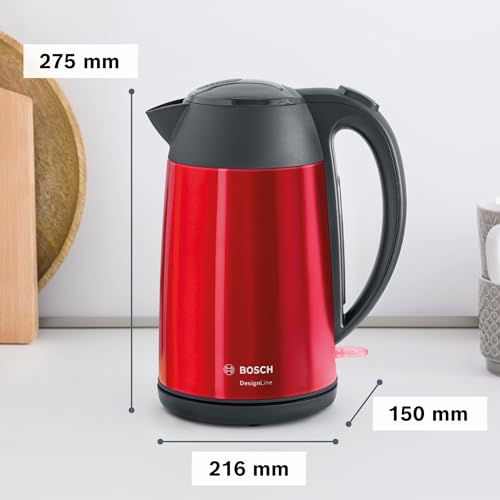 Boschkabelloser Wasserkocher DesignLine TWK3P424 DesignLine kabelloser Wasserkocher, Ausgießen ohne Spritzer, Tassenanzeige, Wasserstandsanzeige, Überhitzungsschutz, 1,7 L, 2400 W, rot