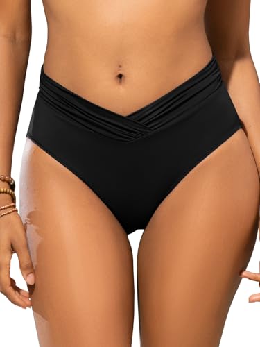 SHEKINI Swim Bottom for Women High Waist Bikini Briefs Full Coverage V Cut Cheeky Ruched Twist Front Plus Size Swimwear Black