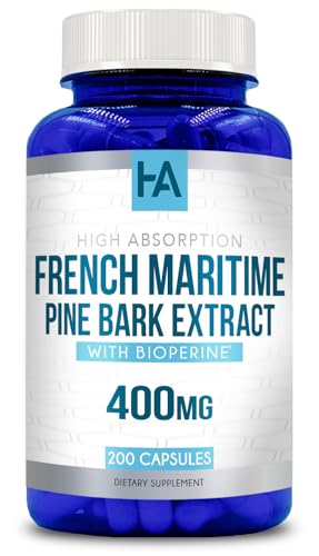 French Maritime Pine Bark Extract Capsules | French Pine Bark Extract Supplement with BioPerine for Enhanced Absoprtion Standardized to 95% Proanthocyanidins | Vegan Non-GMO Soy Free (200 Capsules)