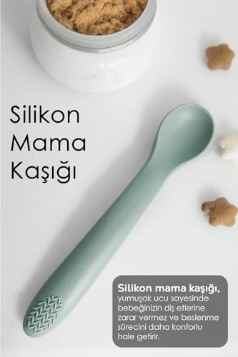 Meleni Baby 3'lü Silikon Bebek Beslenme Seti - Vakumlu Mama Kasesi - Mama Önlüğü - Diş Kaşıyıcı Kaşık - Yeşil - Görsel 4