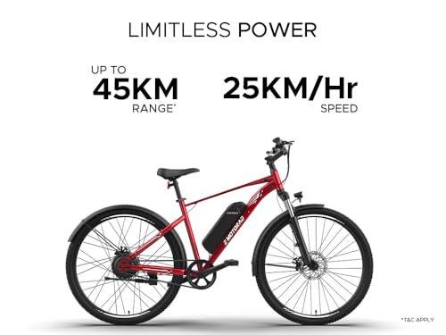 Image of EMotorad X1 Electric Cycle for Men & Women | 36V 7.65Ah Battery Cycle | Up to 35KM Range, 25 km /h Speed | 27.5 inch Electric Bicycle with Front Suspension, Front Light & Mudguard(Ruby Red)