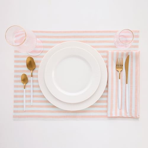 Image of Solino Home 100% Pure Linen Placemats, 14 x 19 in, Coral Striped, Set of 4 | Amalfi Stripe, define each seat for daily meals and dining, woven stripe, European flax fibres, soft, OEKO-TEX Certified