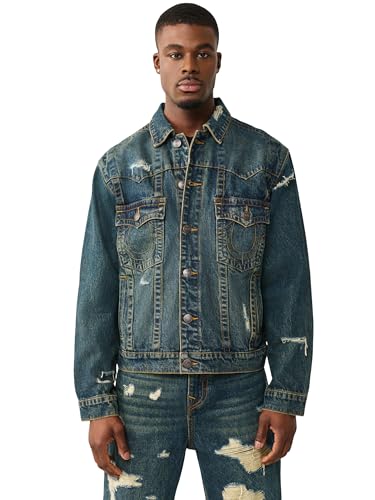 True Religion Men’s Destroyed Oversized Jimmy Jacket SN – Rusted Denim Dark Wash, Large