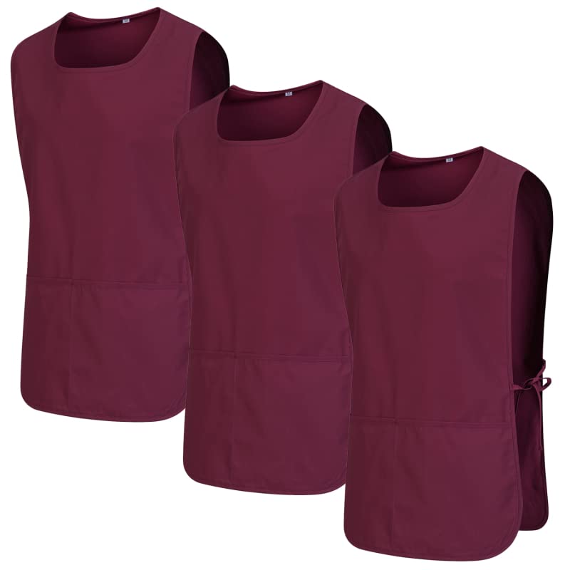 MISEMIYA - Package 3 Units - Apron Cleaning Work Uniform Clinic Hospital Cleaning Veterinary 3-3301 - Large, Garnet 68