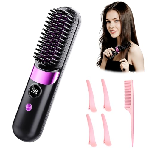 Go Brush Pro UK, Cordless Hair Straightener Brush, 4 Heat Settings 140–199°C with LED Display, USB-C Rechargeable, Anti-Scald Design, Ceramic Wide-Tooth Comb,Portable Travel Styler for Short&Long Hair