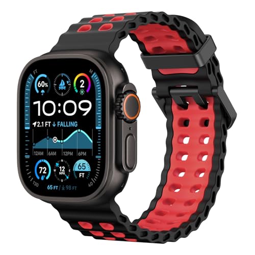 Ya en manzanajugosa.com: Astorgos Correa Transpirable Ocean Watch Compatible con Apple Watch Ultra 3/2/1 49mm, S11/S10 46mm,9/8/7 45mm,SE3/SE2/SE/6/5/4 44mm,3/2/1 42mm,Correa deporte de Silicona para Hombre Mujer, Negro/Rojo