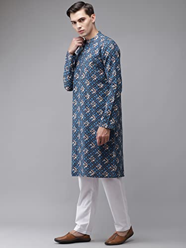Image of See Designs Blue & White Cotton Regular Fit Mandarin Collar Printed Kurta Set