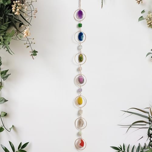 Chakra Agate and Crystal Gemstone Decor Natural Raw Stones Hanging Ornament Handmade 7 Chakra Healing Crystal Decoration for Home Window Entryway Hallway Feng Shui Yoga Meditation Car Handmade Gift