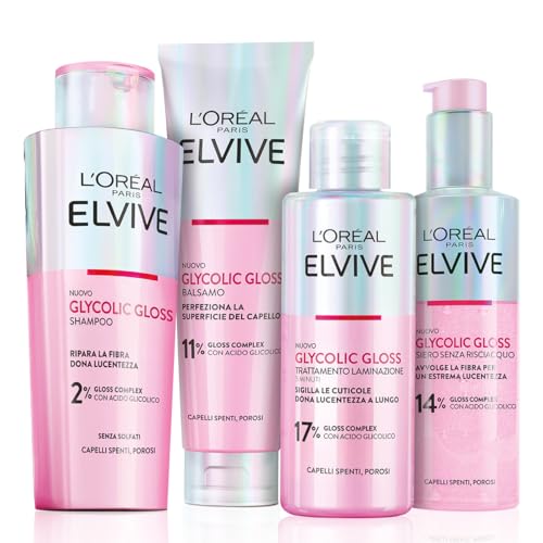 L'Oréal Paris Elvive Routine con Shampoo, Balsamo, Trattamento Laminazione 5 Minuti e Siero Senza Risciacquo, Per Capelli Spenti e Porosi, Luminosità Intensa, Con Acido Glicolico, Glycolic Gloss