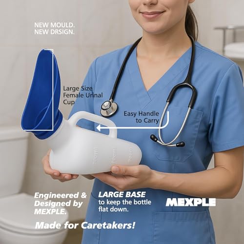 Image of MEXPLE Unisex Peepod Urinal Pot 1000 ML | Portable Urine Bottle with Female Cup Pee Funnel | Medical Grade Urine Collector for Men Women Bedridden Patients - White