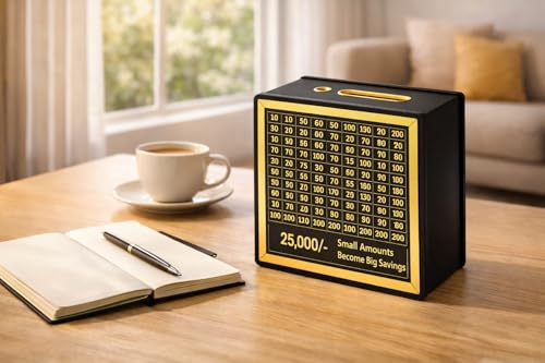 Image of Dr.MASHUR Wooden Money Saving Challenge Box with Printed Amount Board for Cash and Coin Collection, Reusable Saving Box for Kids and Adults (25k Money box-2pc, 2, Count)
