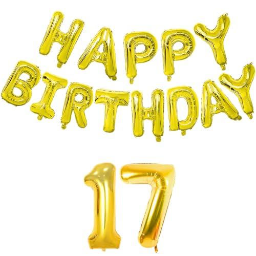 Image of Flyloons 17th Golden Colour Happy Birthday Foil Balloon Banner Set for 17 Year Boys Girls Teenage|with Number Seventeen|13 Letters Reusable Happy Birthday Metallic Foil Balloons Decoration Kit, 15Pcs