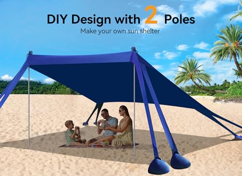 Image of Vibemo Beach Tent, Beach Canopy Sun Shade with UPF50+ UV Protection, 10x10ft, Includes 8 Sandbags, Sand Shovel, Ground Pegs & 4 Stability Poles, Pop Up Sun Shelter for Camping, Picnics, Backyard Fun