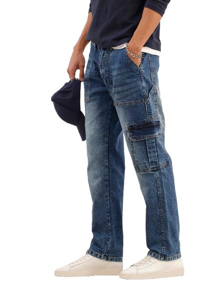 Image of WROGN Men's Cotton Stretch Cargo Jeans | Solid | Straight Fit