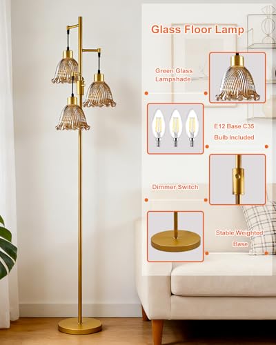 Image of Lightdot Glass Floor Lamps for Living Room, 3-Light Dimmable Floor Lamp with Amber Glass Shade& E12 Bulbs Included, Mid Century Standing Tall Lamp with 5Lbs Heavy Base for Bedroom /Sofa Beside-Gold