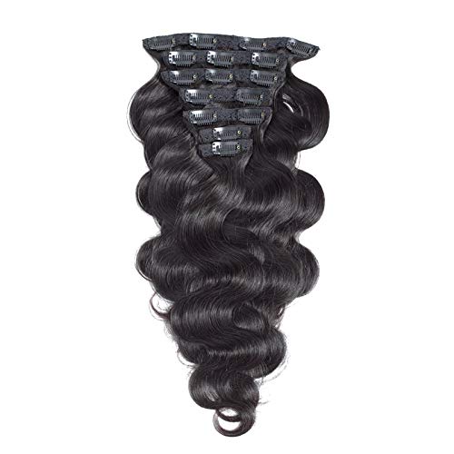 Brazilian Body Wave Clips in Hair Extensions Real Human Hair Black and Brown Color For Women Beauty Wavy Clip In Human Hair (12inch 100g, 1 Jet Black)