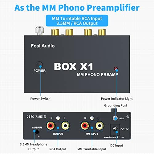 Fosi Audio Box X1 Phono Preamp for MM Turntable Mini Stereo Audio Hi-Fi Phonograph/Record Player Preamplifier with 3.5MM Headphone and RCA Output with Power Switch DC 12V Power Supply