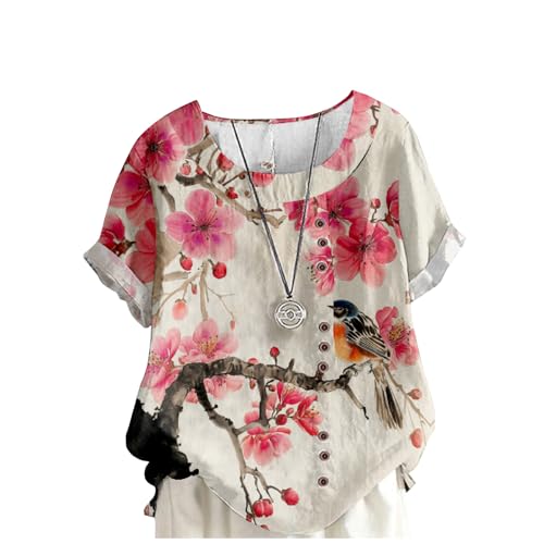 MARSVOVO Short Sleeve Blouse for Women Fashion Print Decorative Buttons Casual Outdoor Plus Size Tunic Tops