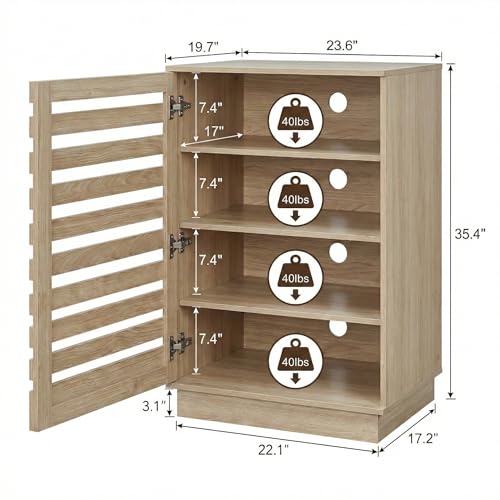 holzart Modern Slatted Wood Audio Component Cabinet, 4-Tier Stereo Equipment Rack Media Stand with Ventilated Door & Cable Management, Oak Finish 35.4\" Tall
