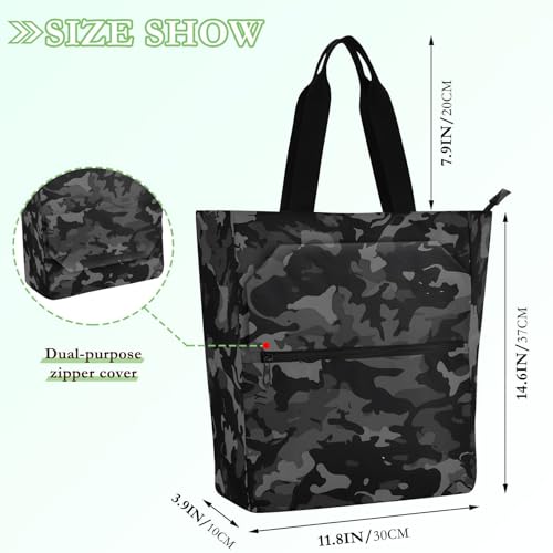 Black Camouflage Tote Bag for Book Lovers Reusable Bags with Zipper Pocket for School Work Shopping2