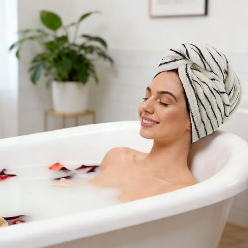 Jacquotha Cotton Hair Towel Wrap for Women (Black & White Striped) - Image 5