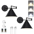 ZCPULS Black Swing Arm Battery Operated Wall Sconces Set of 2,Rechargeable Wireless Dimmable 3 Color Wall Light with Remote,Cone Indoor Light Fixture for Bedside,Kitchen,Hallway,Living Room,Reading