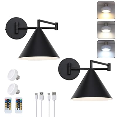 ZCPULS Black Swing Arm Battery Operated Wall Sconces Set of 2,Rechargeable Wireless Dimmable 3 Color Wall Light with Remote,Cone Indoor Light Fixture for Bedside,Kitchen,Hallway,Living Room,Reading