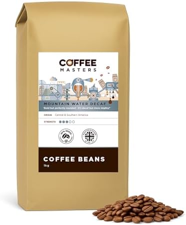 Coffee Masters Mountain Water Decaf Coffee Beans 1kg – 100% Arabica - Roasted Whole Bean Ideal for Espresso Machines - Decaffeinated, Bold, and Strong Flavour