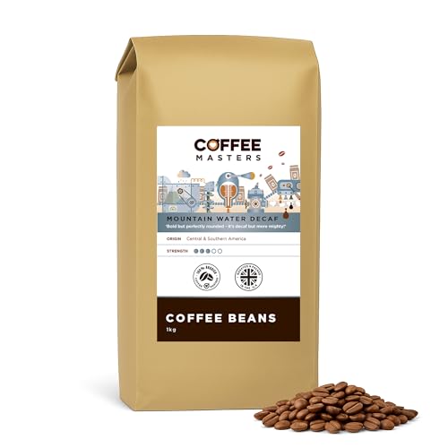 Coffee Masters Mountain Water Decaf Coffee Beans 1kg – 100% Arabica - Roasted Whole Bean Ideal for Espresso Machines - Decaffeinated, Bold, and Strong Flavour