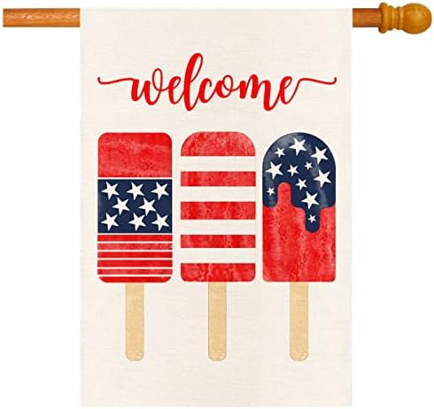 MONORD American USA Popsicles 4th Fourth of July Burlap House Flag Vertical Double Sided, Patriotic Ice Cream Independence Day Yard Outdoor Decor 28 x 40 Inch