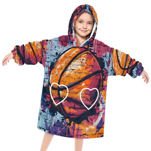 Pardick Wearable Blanket Hoodie for Kids, Watercolor Basketball Fleece Sweatshirt Blanket Oversized Blanket Sweatshirt with Pocket Flannel Warm Hooded Blanket 6-10 Year Old Girl Boy Gift, One Size
