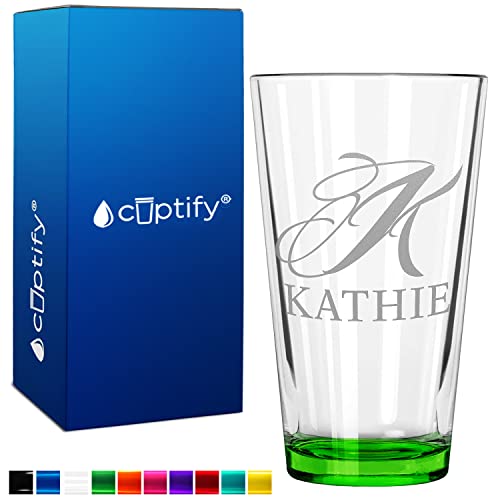 Personalized Beer Glass Script Monogram Initial and Name Etched 16 oz Green Bottom Pint Drinking Glasses Customized Mug Birthday Gift for Men and Women