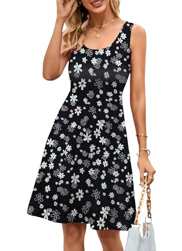 Herou Summer Beach Floral Dresses for Women A line Sleeveless Wide Strap High Waist Midi Tank Dress Flower-17B Small
