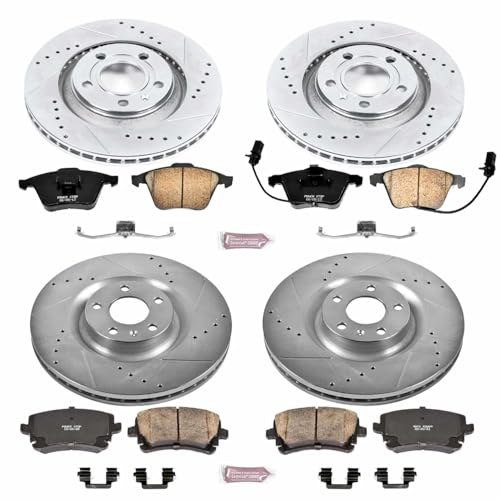 Image of PowerStop Front and Rear Brake Kit for Audi S4 2004-09 - Drilled and Slotted Disc Rotors with Carbon-Fiber Ceramic Brake Pads Replacement, K4010