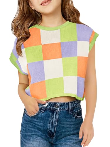 Image of Haloumoning Girls Summer Crop Tops Color Block Vest Cute Tanks Cap Sleeve Tee Loose Kids Knit Top 5-14 Years