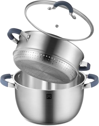 Dampfgarer Topf mit Glasdeckel 24 cm Dampftopf Edelstahl 5.3L Inklusive Dampfkorb Dampfkocher Induktion Kartoffeldämpfer Couscous Topf geeignet für Gemüse Suppen Knödel ofen und spülmaschinenfest