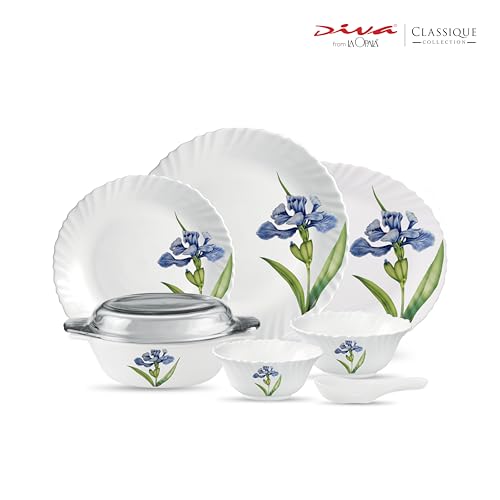 Image of La Opala Diva Classique Collection Opal Glass Crockery | for Family of 6 | Dinner Set 35 pcs Royal Iris | Plates & Bowls for Dining | Microwave Safe | 100% Vegetarian | Extra Strong | White