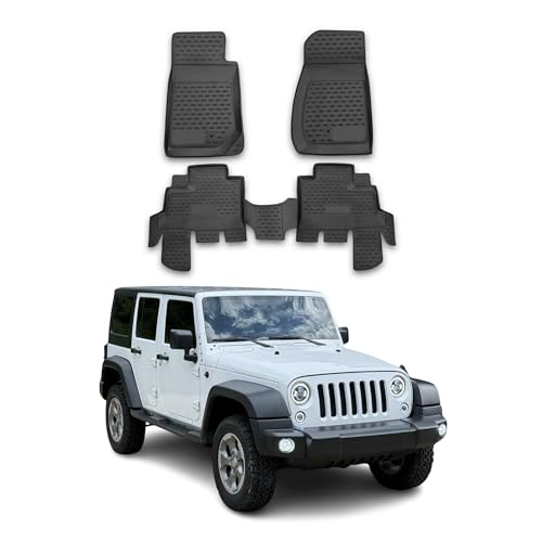 OMAC Floor Mats for Jeep Wrangler 2007-2013 4 Door Car Mats All Weather 3D Custom Fit Rubber Mat Waterproof Odorless TPE Floor Liners Laser Measured Non-Slip (Black)