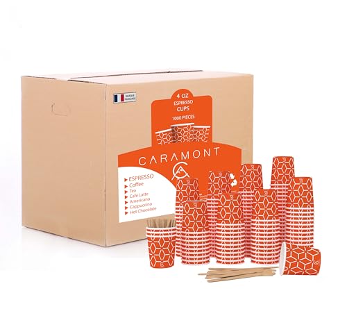 Caramont,4 Oz 1000 Espresso Gobelets en Carton avec Agitateurs en Bois,Écologique et Jetables,Résistant à la Chaleur,Carton de Qualité,Idéal pour Toutes Les Boissons Chaudes ; Café,Thé,Chocolat etc.