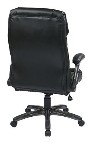 Office Star Ech Series High Back Executive Bonded Leather Office Chair With Adjustable Padded Flip Arms, Black With Titanium Coated Base #TOP2