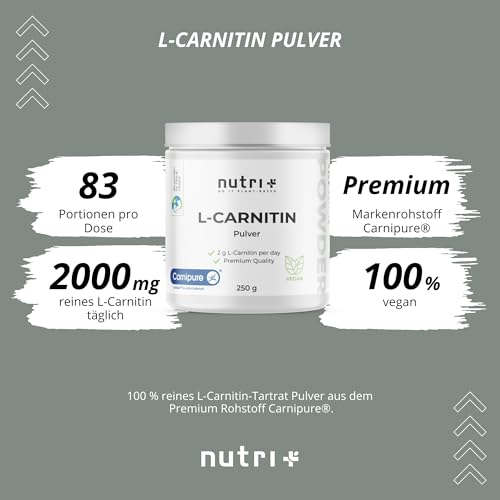 L-Carnitin Carnipure Pulver - 100% reines L-Carnitine Tartrat Pure Powder 250g von Lonza - 3000mg Carnitinpulver pro Portion ohne Zusatzstoffe - Nutri + Vegan – Bild 3