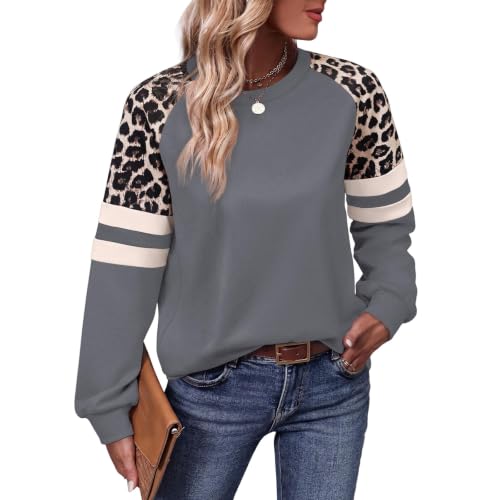 Womens Oversized Sweatshirt Varsity Striped Sweatshirt Leopard Print Top | Drop Shoulder Crew Neck, Long Sleeve Sweat Shirt, Color Block, Loose Fit Tops, Trendy Fall Outfit, Cute Soft, Warm — view 2