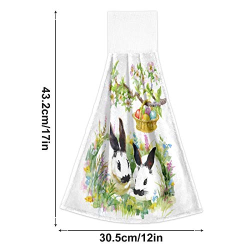 Easter Colorful Eggs Bunny Hanging Kitchen Towel 2Pcs Rabbits Green Grass Soft Coral Velvet Hand Towels Loop For Bathroom Washcloth Absorbent Tie Towel #TOP2