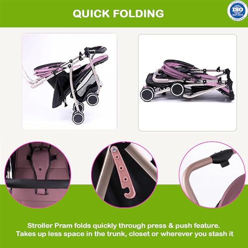 Image of Safe-O-Kid Rover Baby Stroller /Pram with 1 Year Warranty Kid for 0 to 3 Years Travel Friendly with XL Canopy, 5 Point Safety Harness, One Hand Fold, Adjustable backrest, 360 Swivel Wheel - Pink